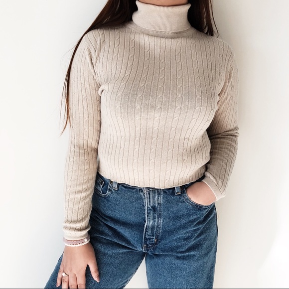 Vintage Sweaters - vintage White Cream Turtleneck Crop Top Sweater